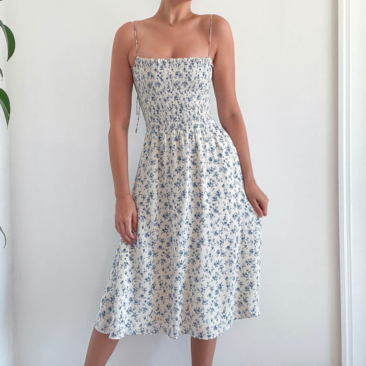Reformation Ivory & Blue Floral Midi Dress / SZ M