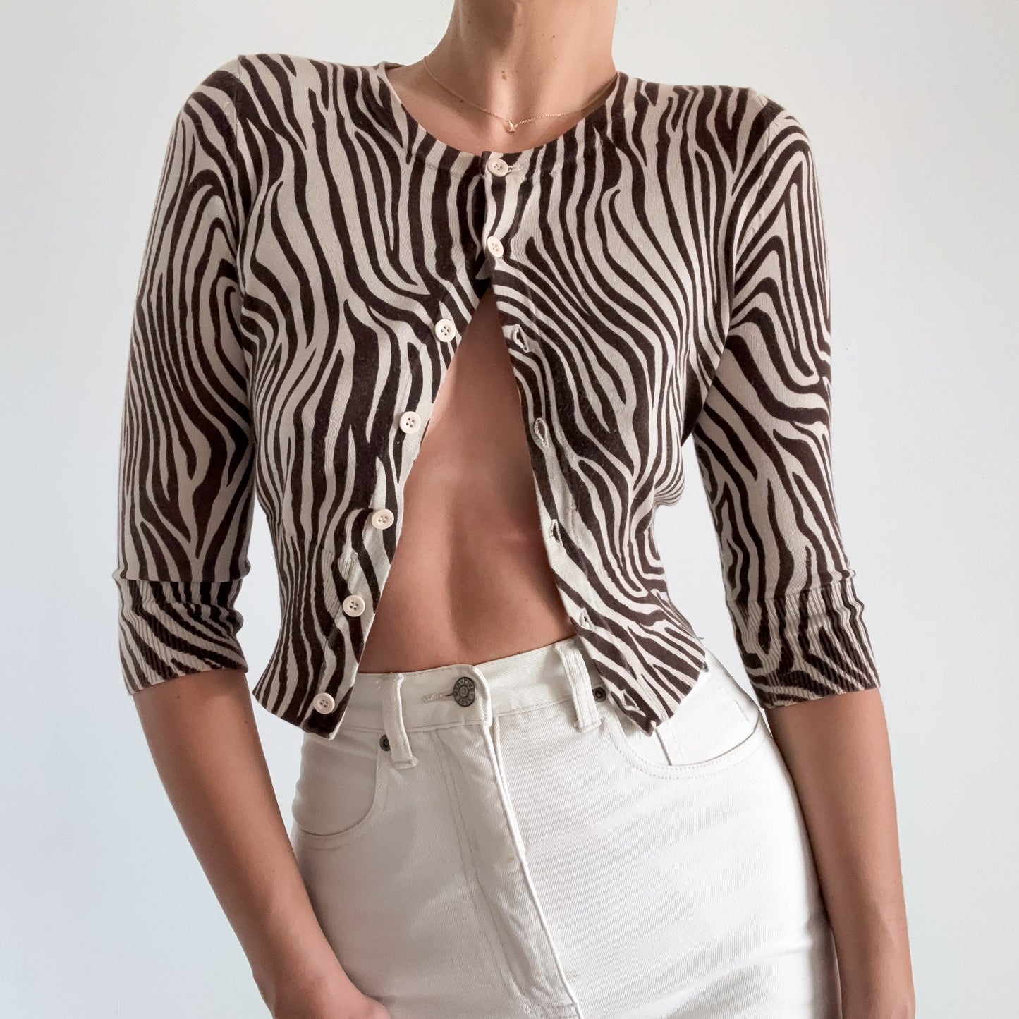 Y2K Brown & Ecru Knit Zebra Cardigan / SZ S