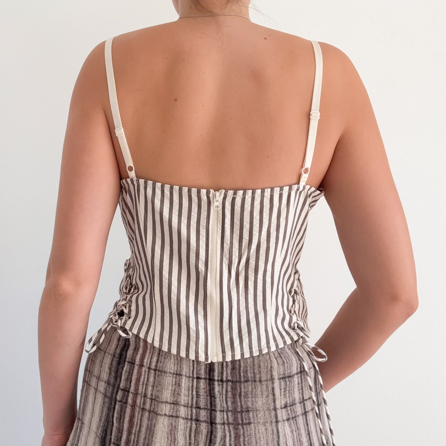 Contemporary Ivory & Taupe Striped Bustier / SZ M