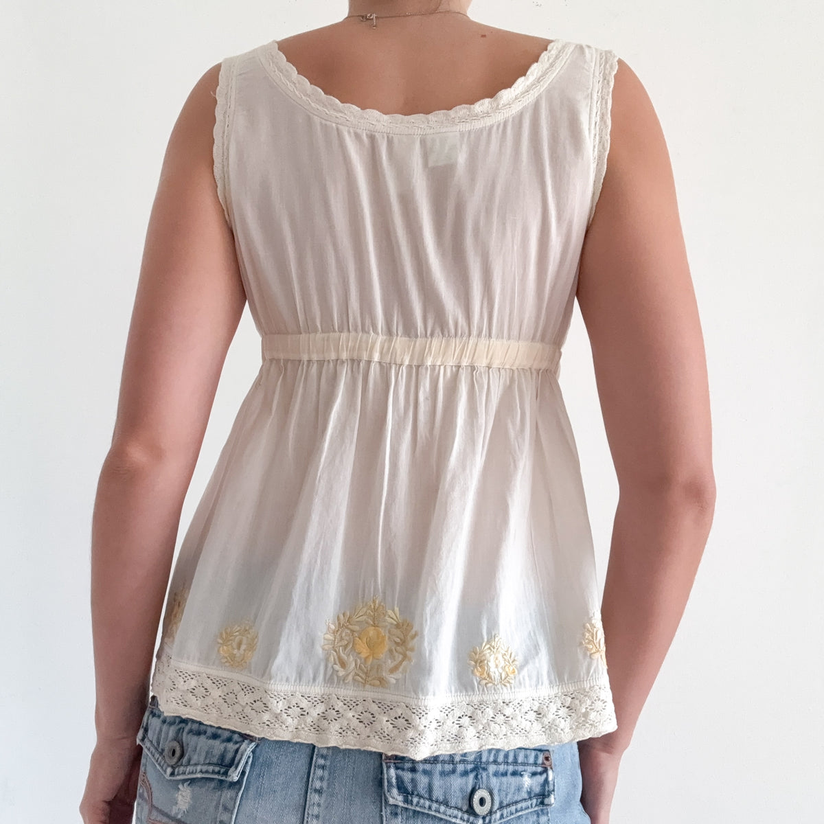 Y2K Ivory & Yellow Cotton Embroidered Top / SZ S