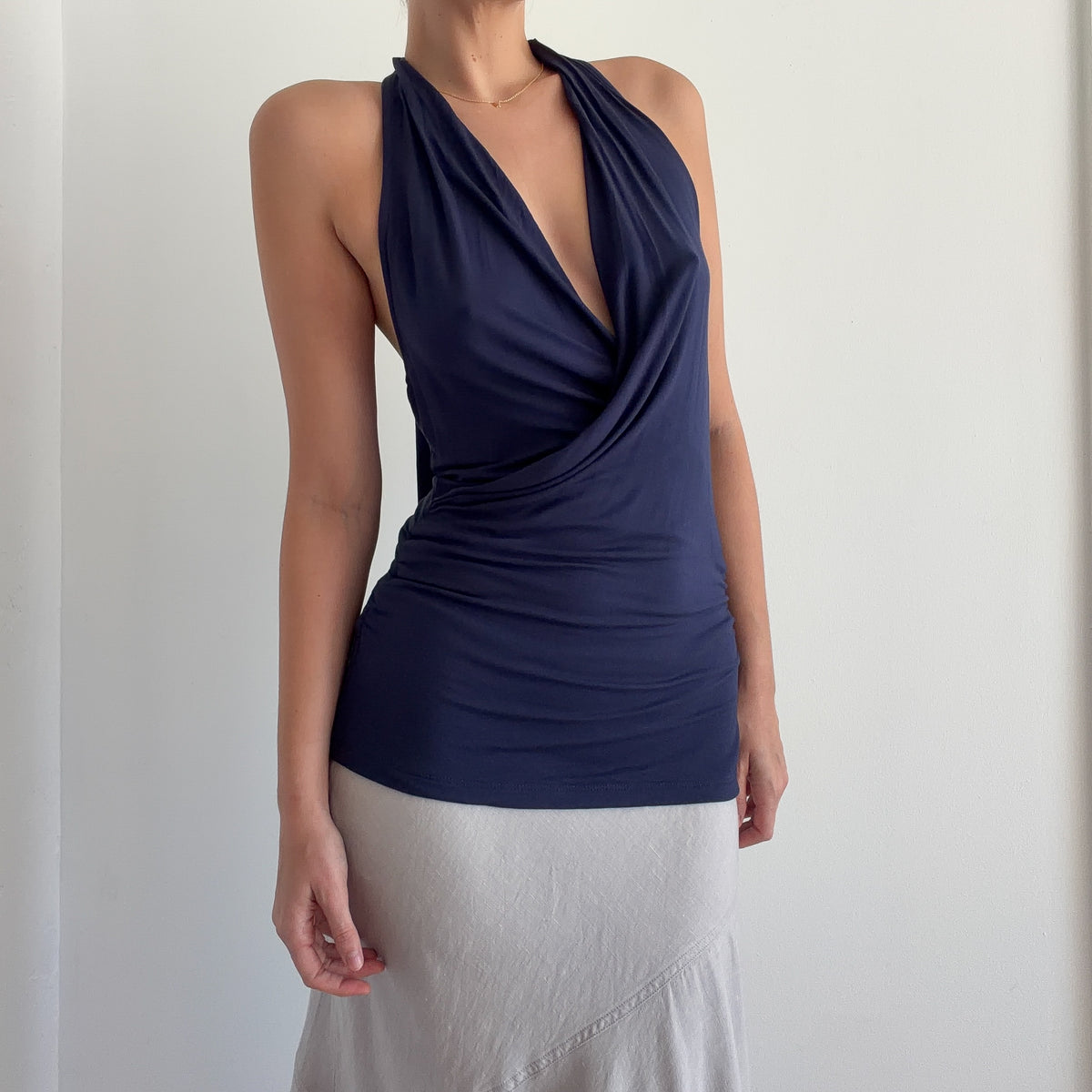 Y2K Navy Rayon Slouchy Halter Top / SZ S