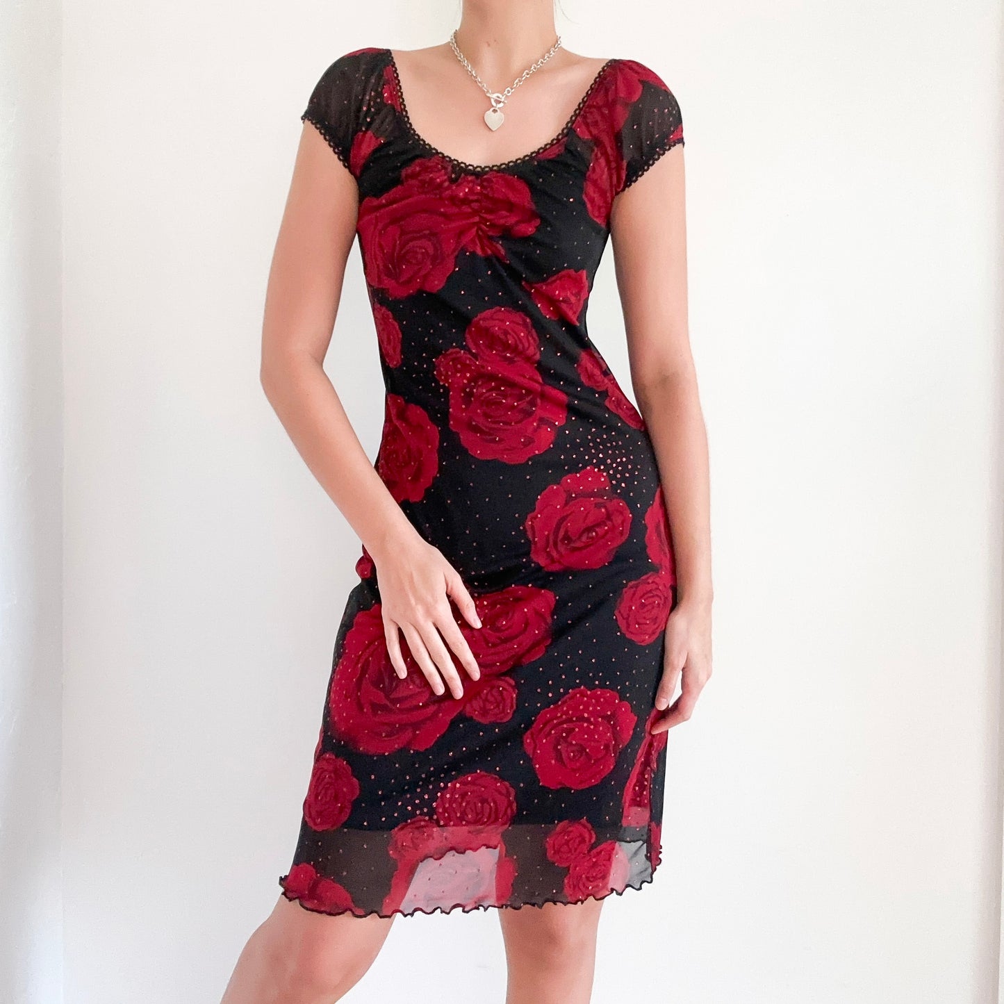 Y2K Black & Red Rose Glitter Midi Dress / SZ M