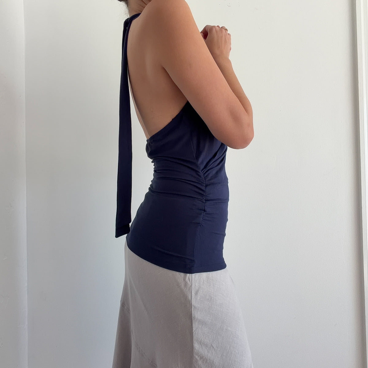 Y2K Navy Rayon Slouchy Halter Top / SZ S