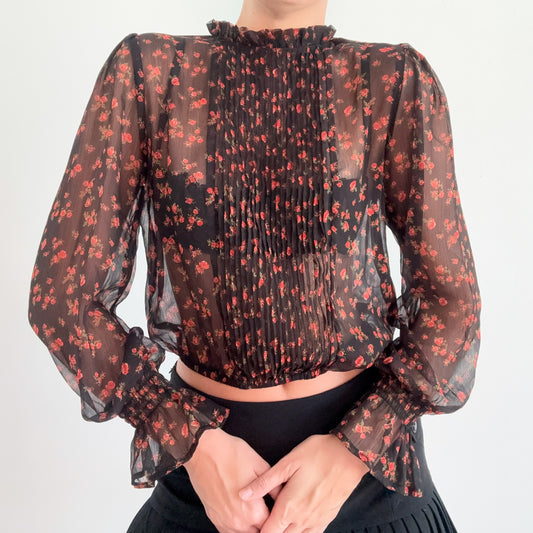 Contemporary Black & Red Floral Chiffon Blouse / SZ M