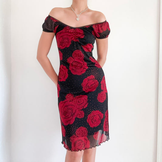 Y2K Black & Red Rose Glitter Midi Dress / SZ M