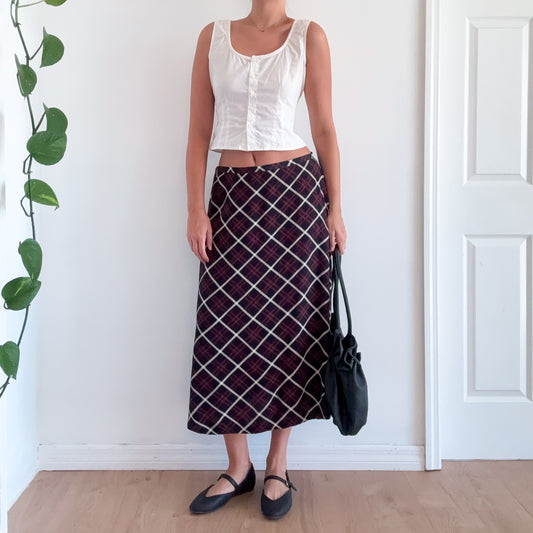 90's Navy & Red Plaid Maxi Skirt / SZ M/L
