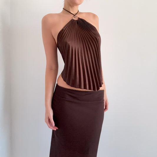 Y2K Brown Accordion Pleat Halter Top / One Size