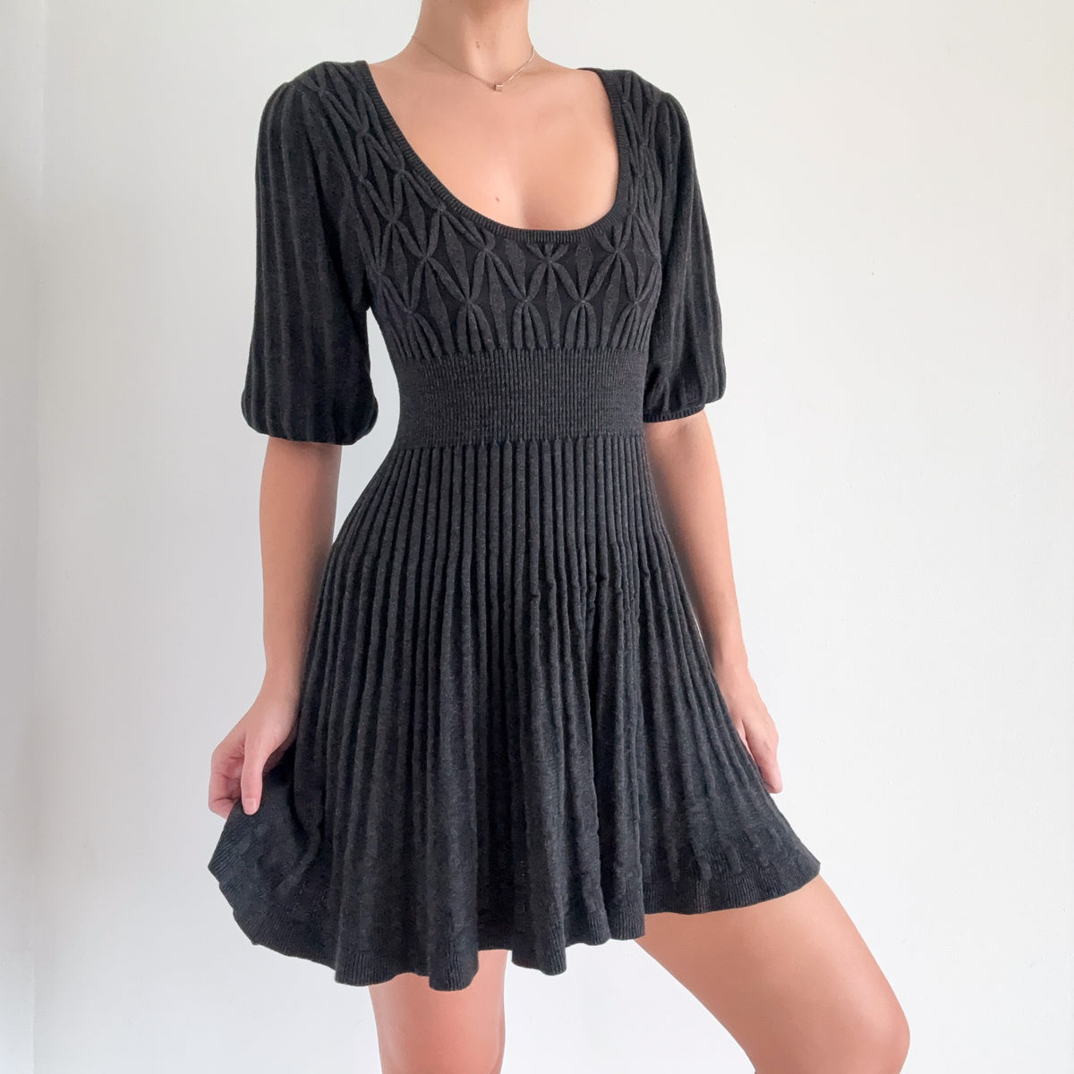 Y2K Grey Pleated Knit Balloon Sleeve Sweater Dress / SZ S
