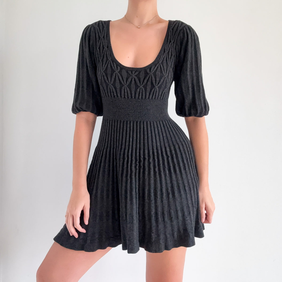 Y2K Grey Pleated Knit Balloon Sleeve Sweater Dress / SZ S