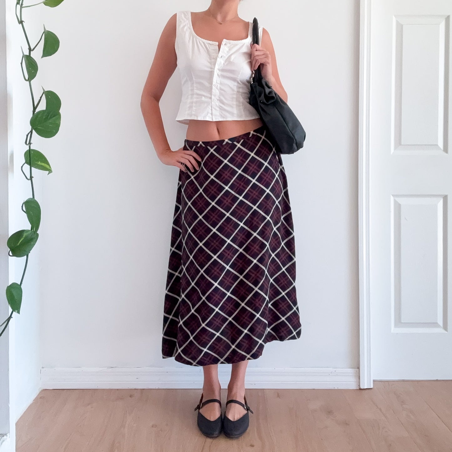90's Navy & Red Plaid Maxi Skirt / SZ M/L