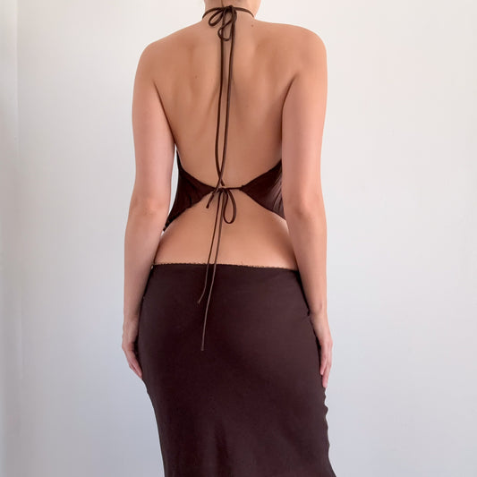 Y2K Brown Accordion Pleat Halter Top / One Size