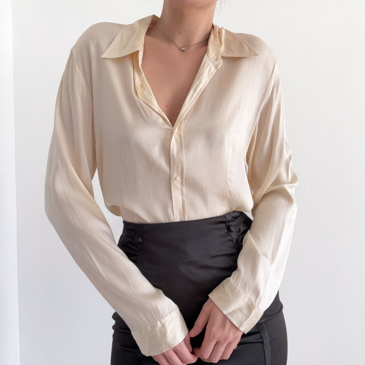90's Cream Silk Button Up Blouse / SZ L