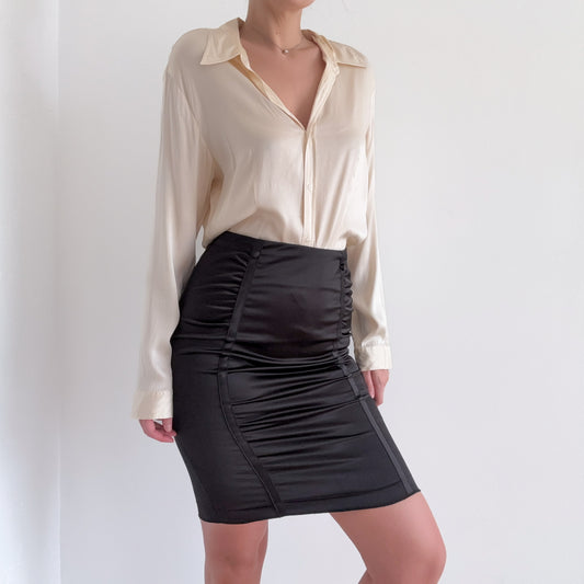 Y2K Black Satin Ruched Pencil Skirt / SZ M