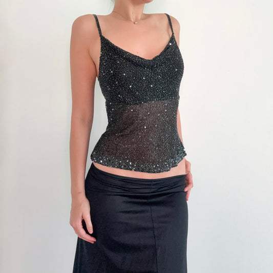 90's Black Silk Beaded Draped Top / SZ M