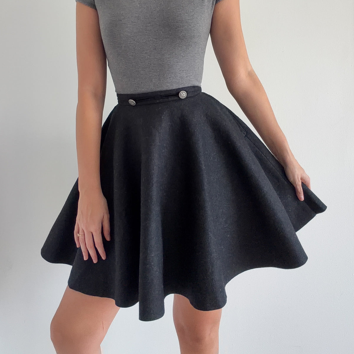 70's Dark Grey Wool Circle Skirt / SZ 0