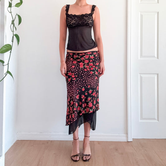Y2K Black & Pink Rose Maxi Skirt / SZ S-M