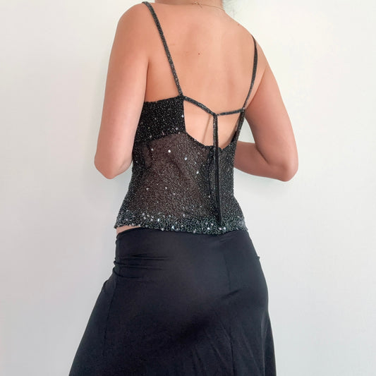 90's Black Silk Beaded Draped Top / SZ M
