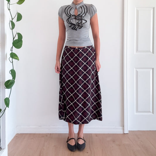 90's Navy & Red Plaid Maxi Skirt / SZ M/L