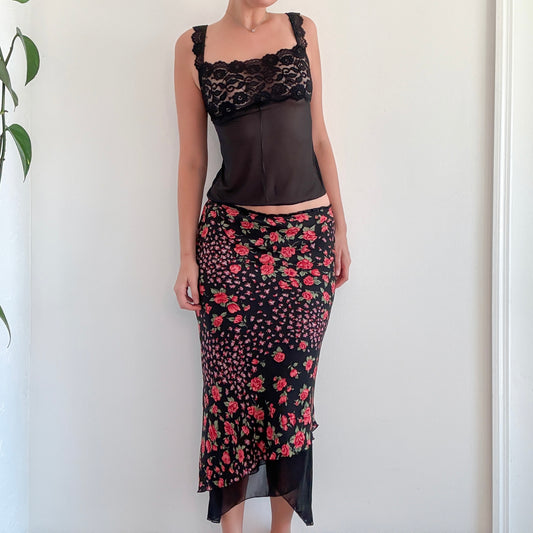 Y2K Black & Pink Rose Maxi Skirt / SZ S-M