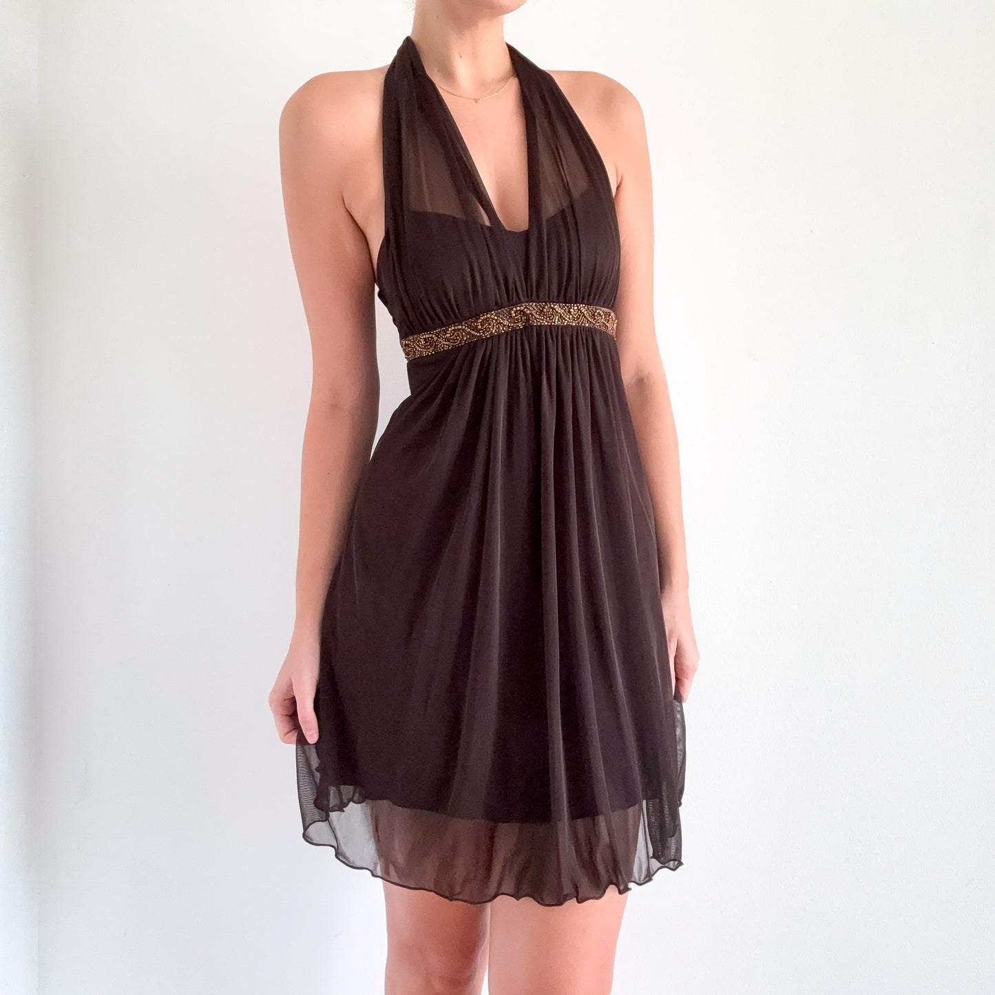 Y2K Brown Mesh Beaded Mini Dress / SZ S
