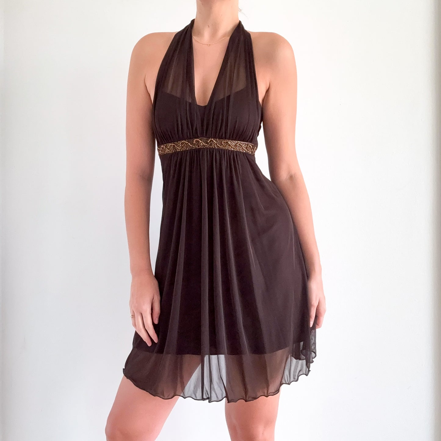 Y2K Brown Mesh Beaded Mini Dress / SZ S