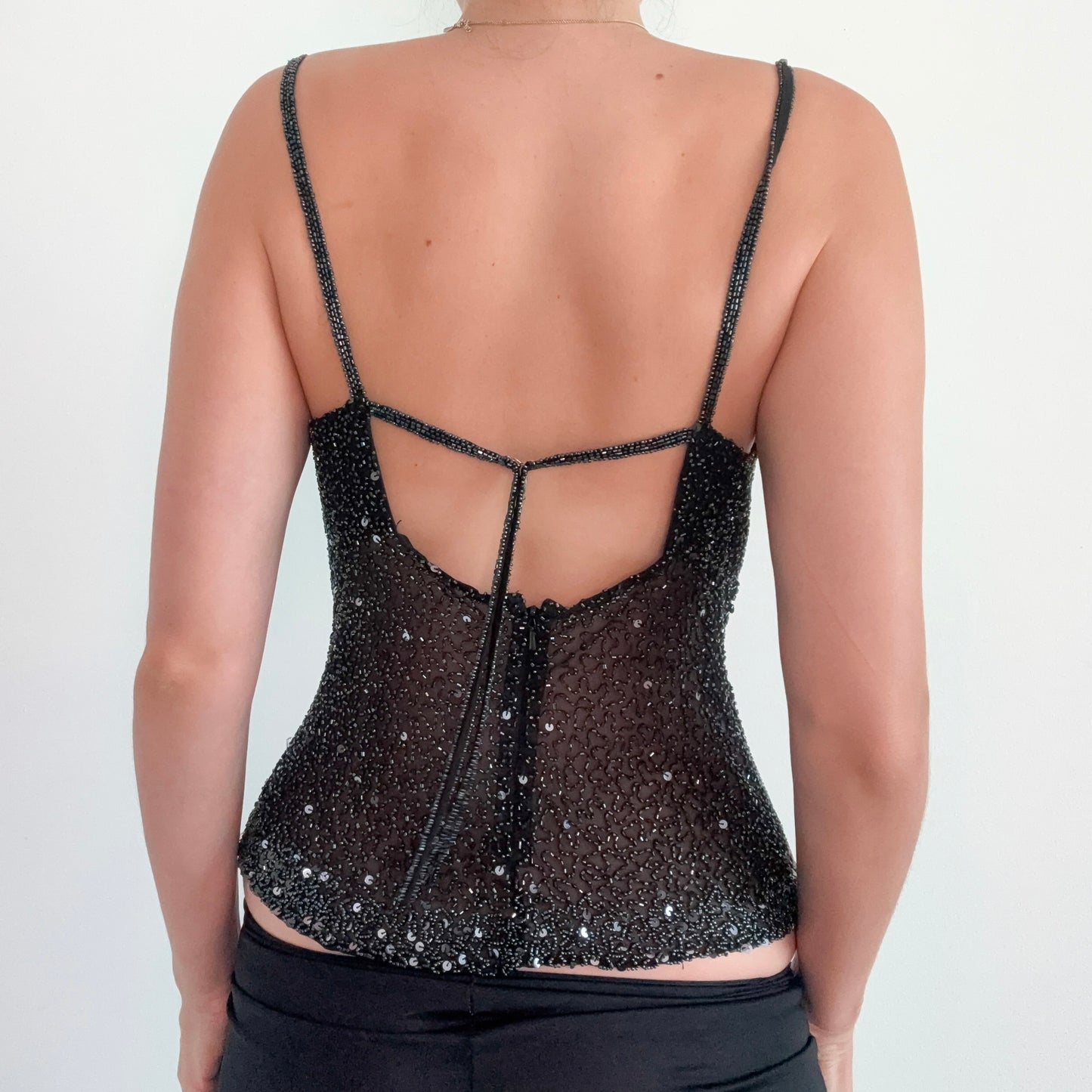 90's Black Silk Beaded Draped Top / SZ M