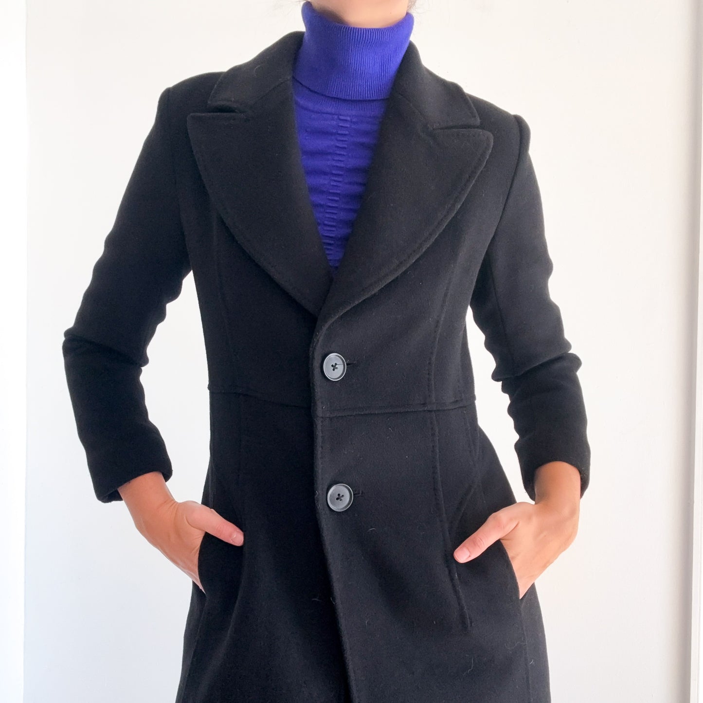 Contemporary Black Wool Overcoat / SZ XS-S