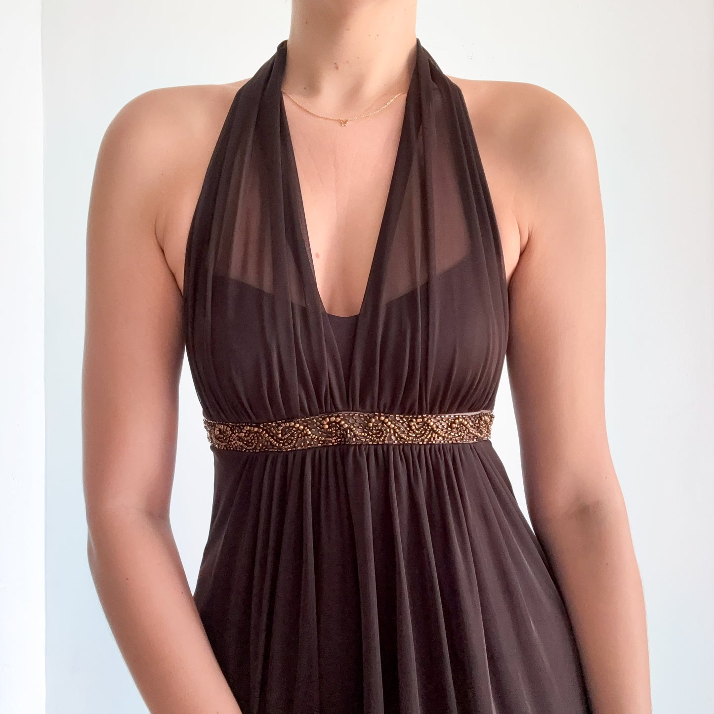 Y2K Brown Mesh Beaded Mini Dress / SZ S