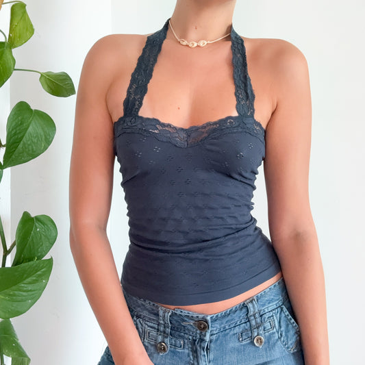 Free People Dark Grey Stretch Lace Halter Top / SZ M/L