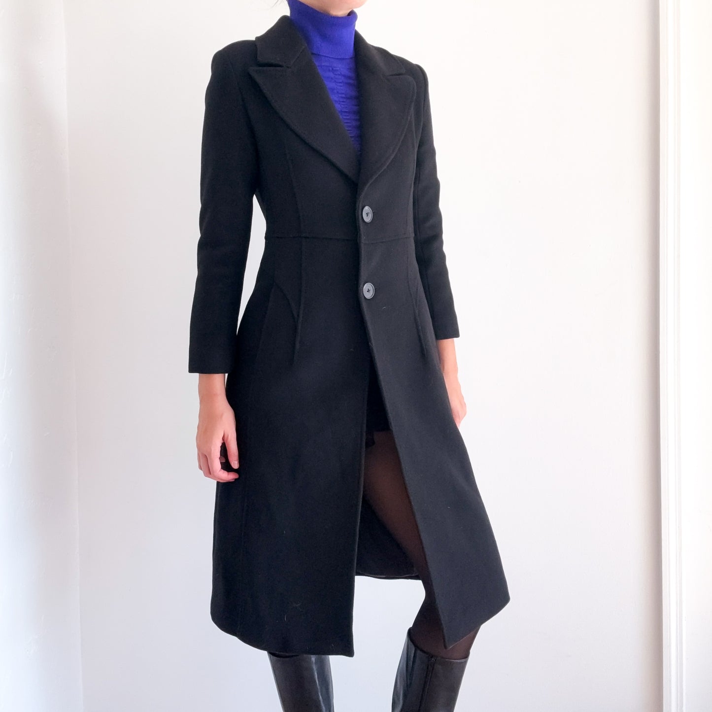 Contemporary Black Wool Overcoat / SZ XS-S