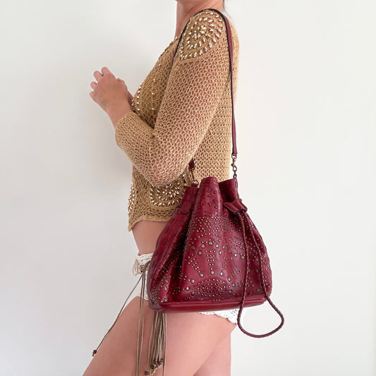 Y2K Garnet Leather Studded Bucket Bag