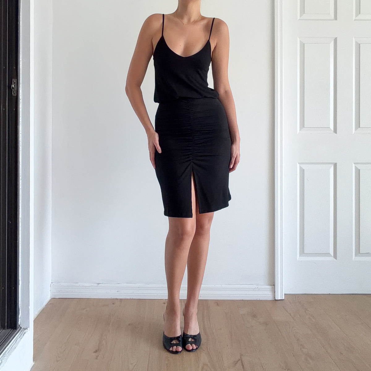 Y2K Black Ruched Slit Dress / SZ XS/S