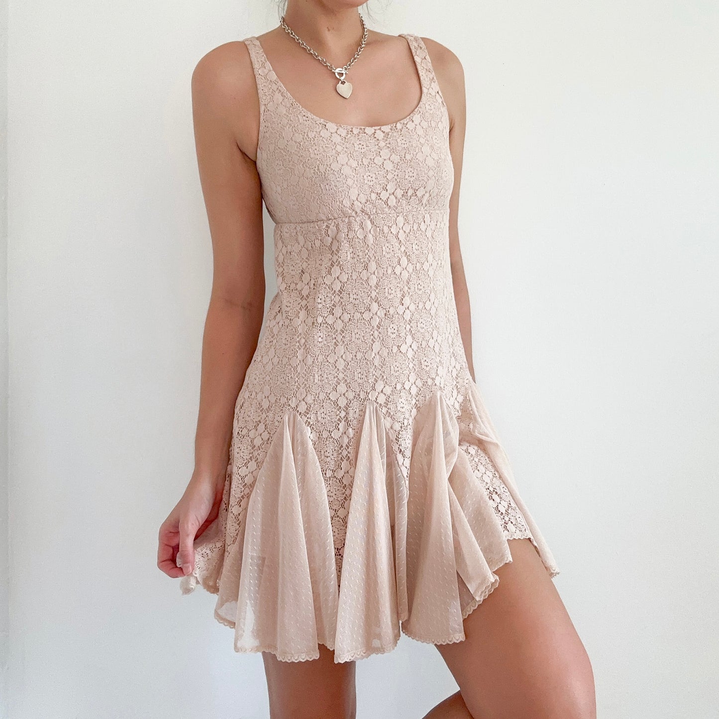 Y2K Blush Lace Mesh Pleated Mini Dress / SZ XS/S