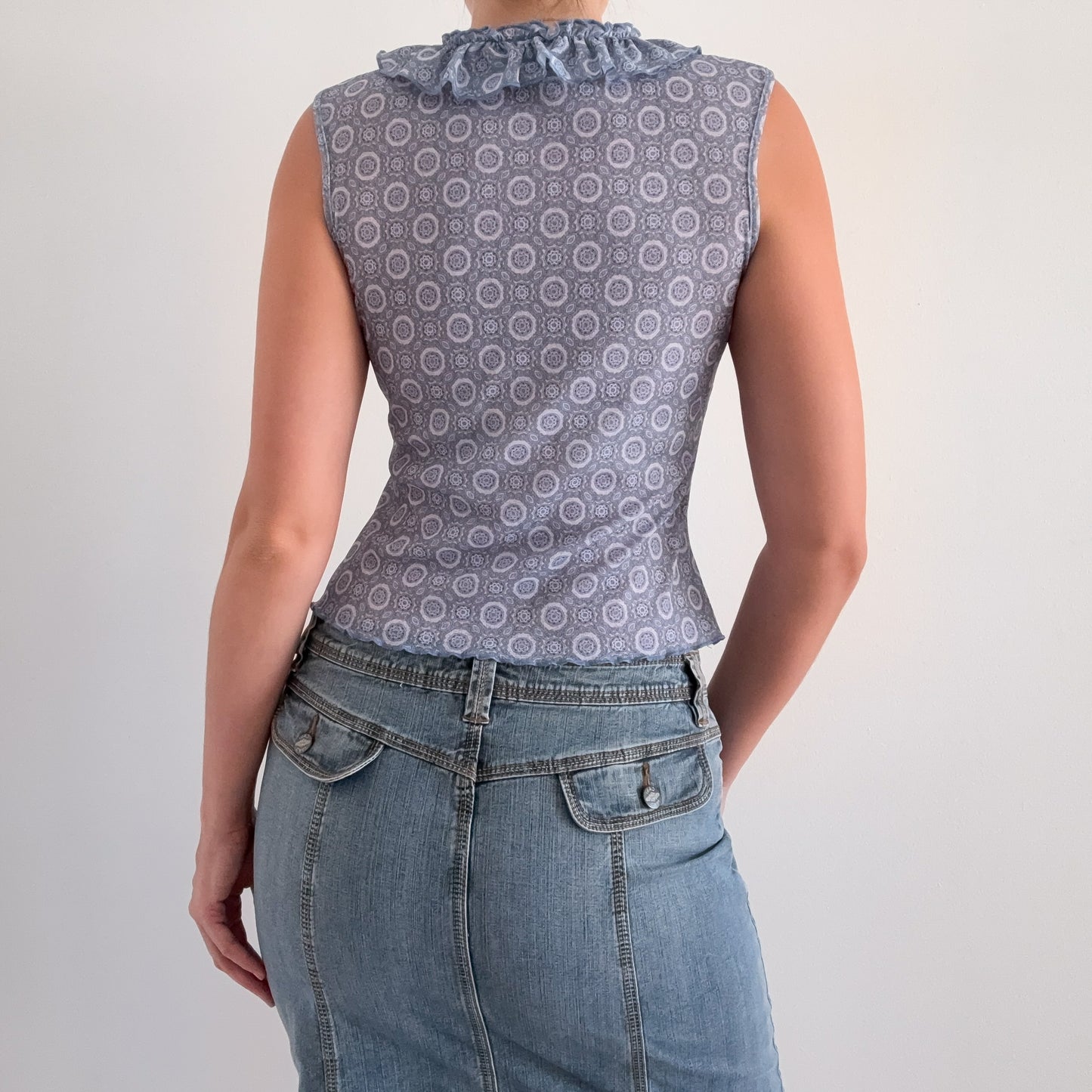 Y2K Blue Printed Mesh Ruffle Top / SZ M