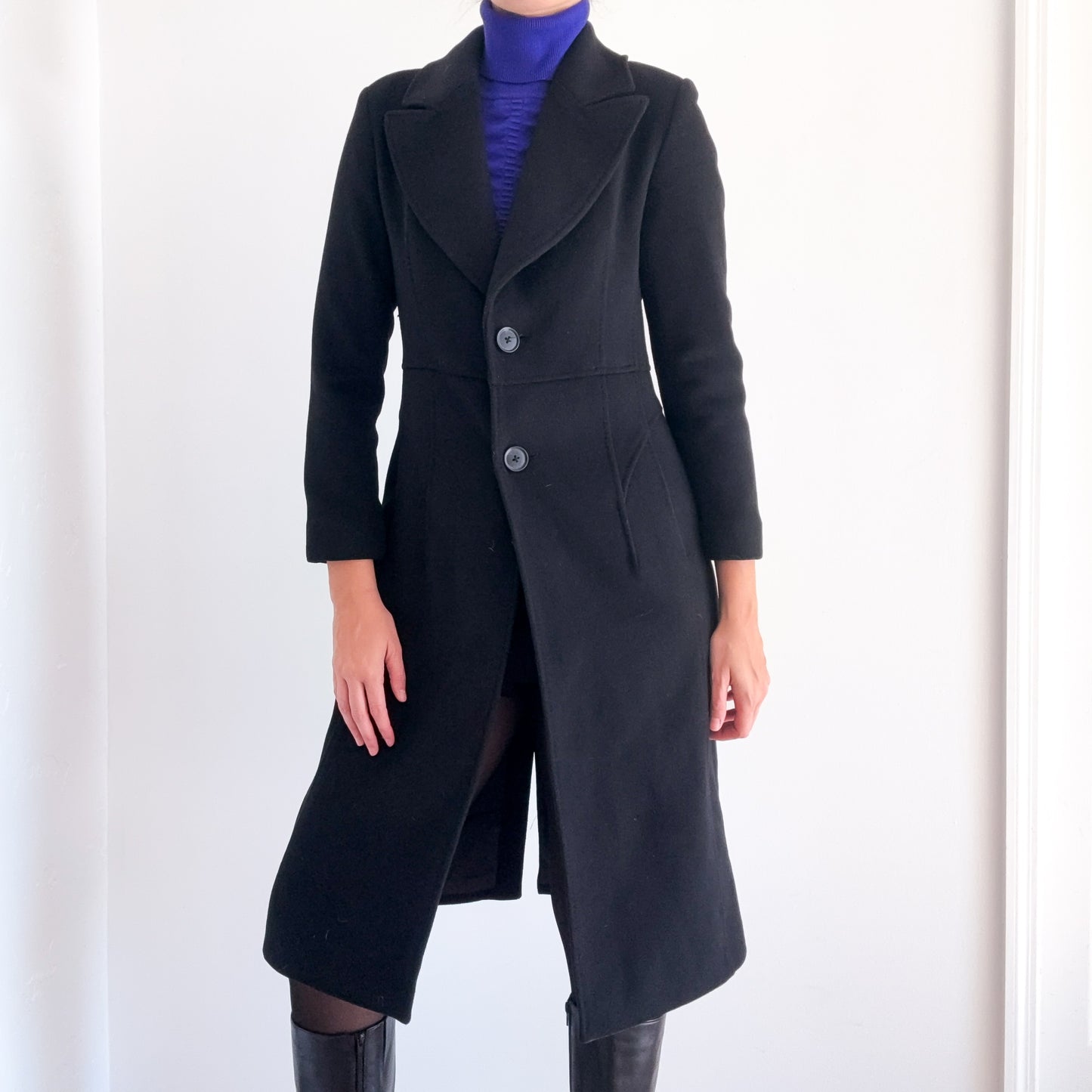 Contemporary Black Wool Overcoat / SZ XS-S