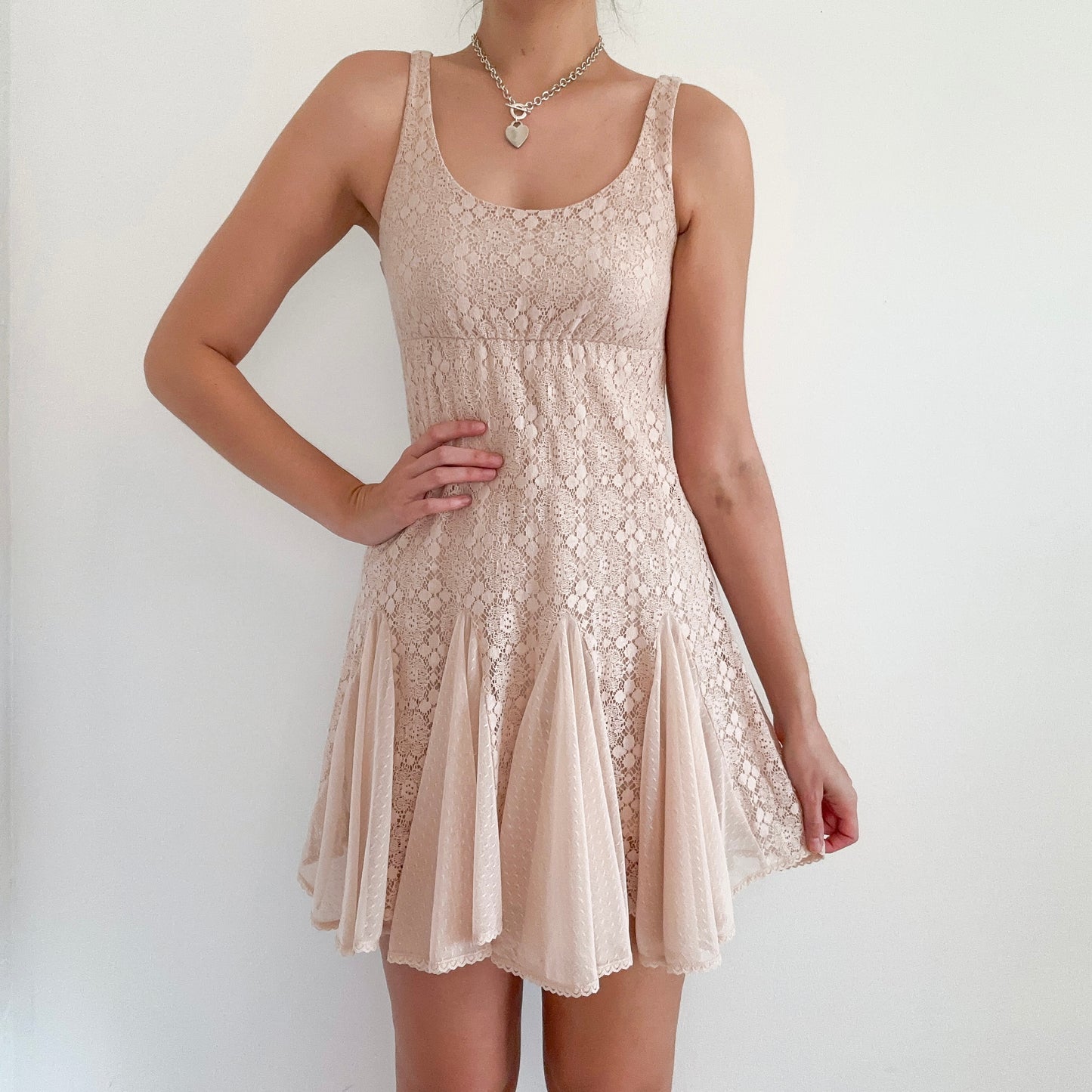 Y2K Blush Lace Mesh Pleated Mini Dress / SZ XS/S