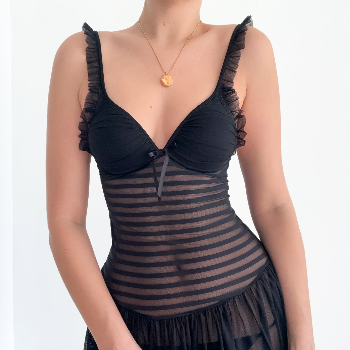 Y2K Black Mesh Striped Babydoll / SZ S