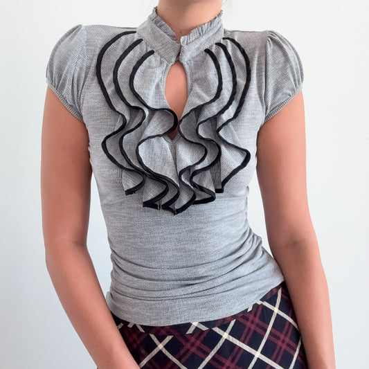 Y2K Grey & Black Ruffle Blouse / SZ S/M