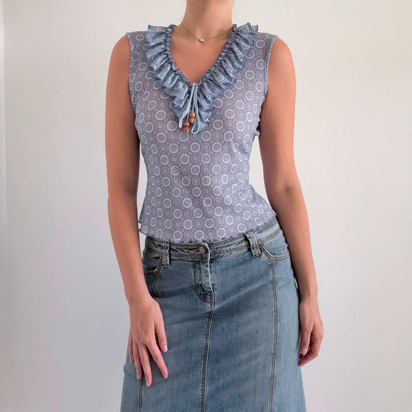 Y2K Blue Printed Mesh Ruffle Top / SZ M