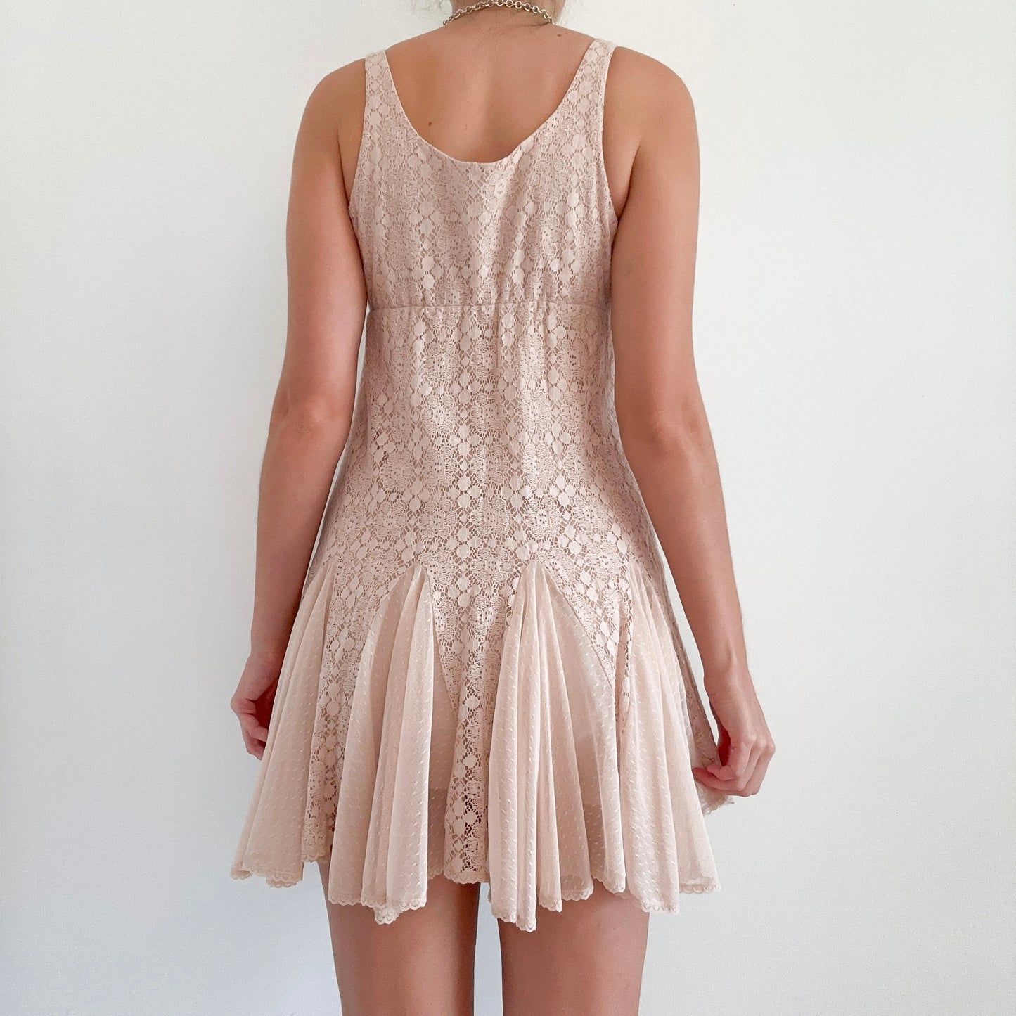 Y2K Blush Lace Mesh Pleated Mini Dress / SZ XS/S