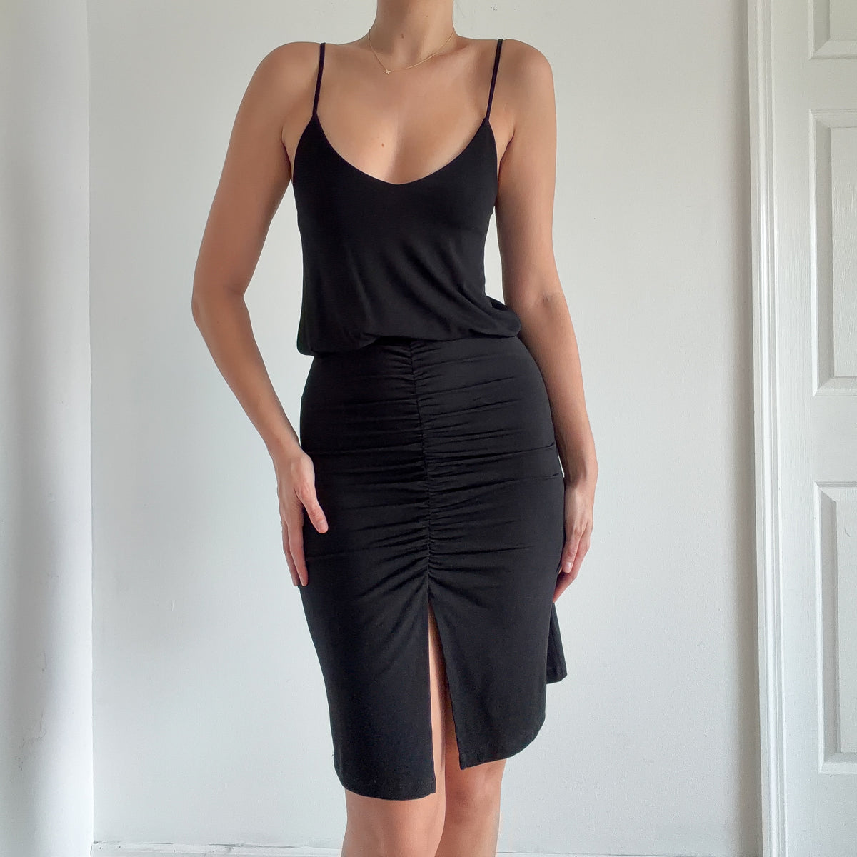 Y2K Black Ruched Slit Dress / SZ XS/S