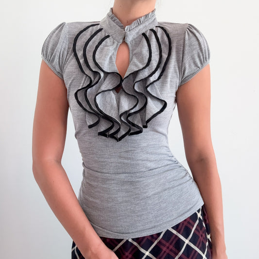 Y2K Grey & Black Ruffle Blouse / SZ S/M