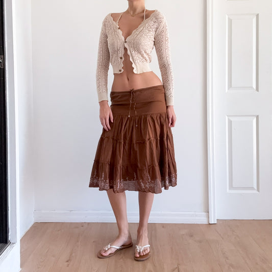 Y2K Light Brown Embroidered Midi Skirt / SZ L