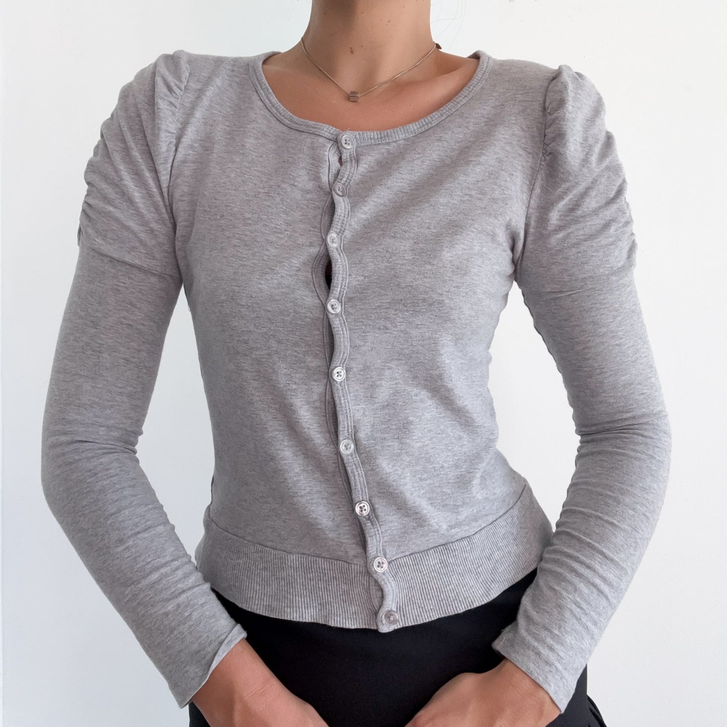 Y2K Grey Cotton Puff Sleeve Cardigan / SZ S/M