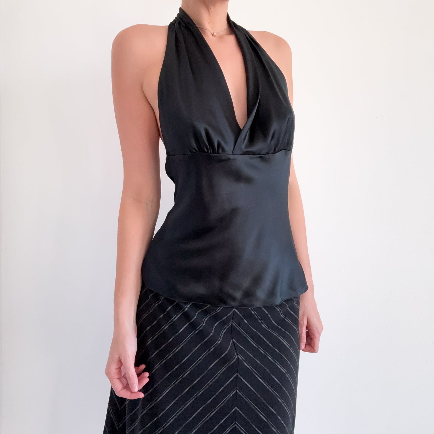 Y2K Black Silk Halter Top / SZ M
