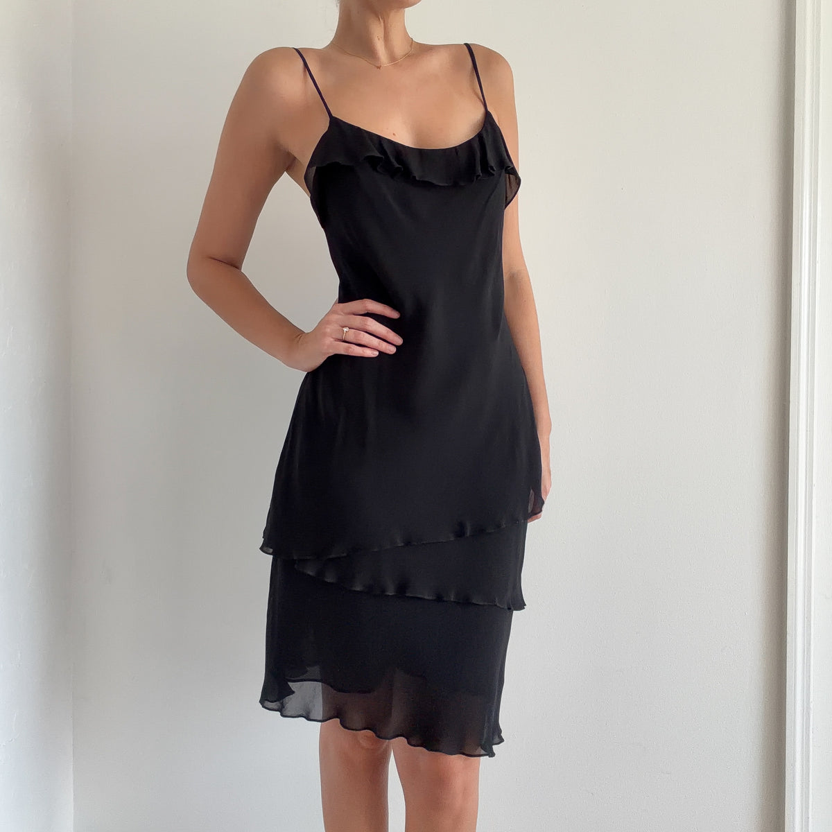 90's Black Rayon Chiffon Layered Dress / SZ M