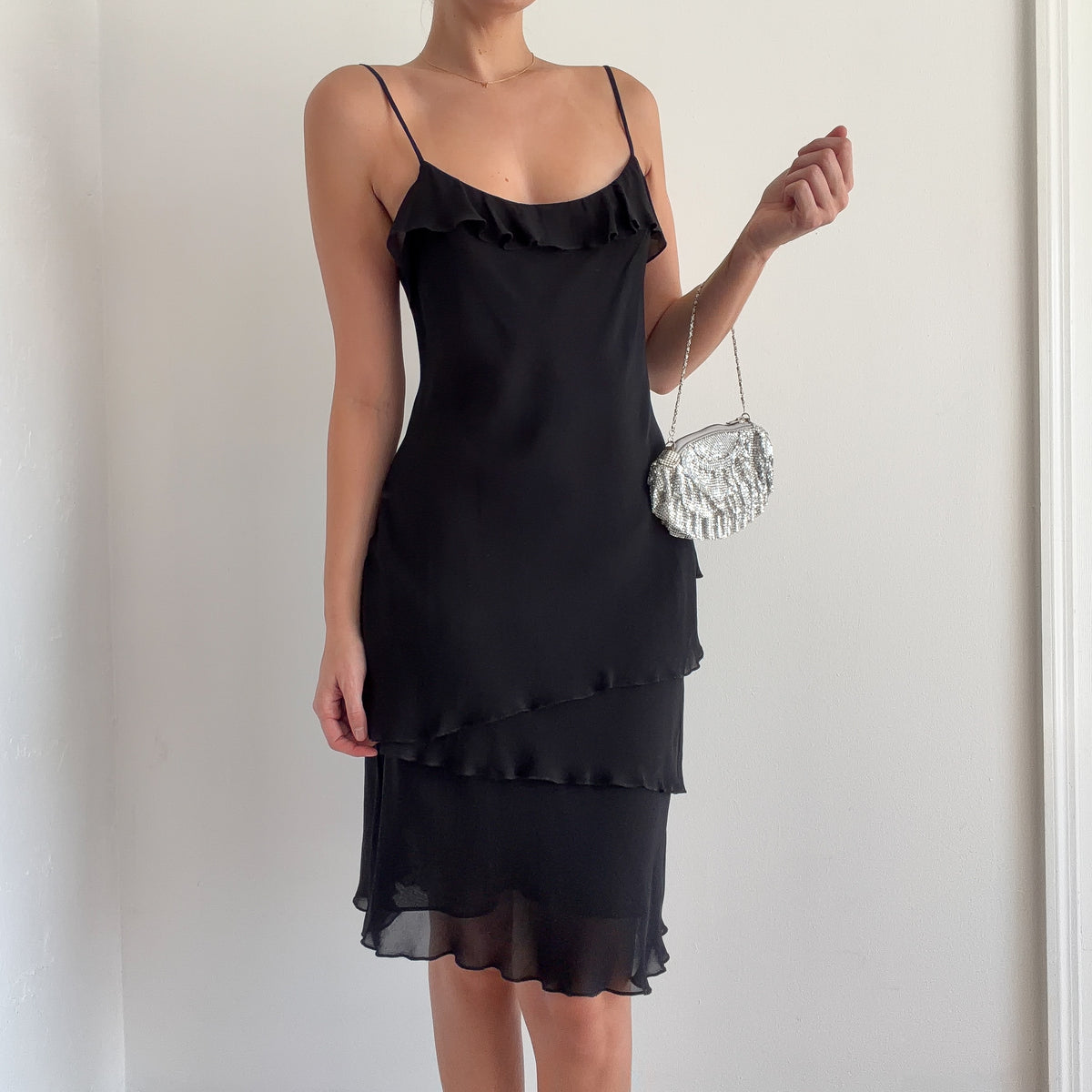 90's Black Rayon Chiffon Layered Dress / SZ M