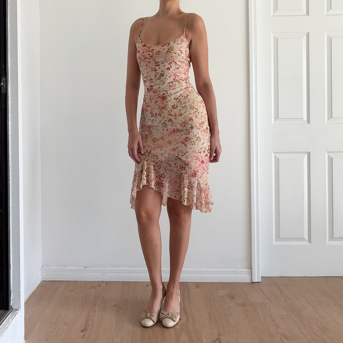 Y2K Cream & Pink Floral Midi Dress / SZ S