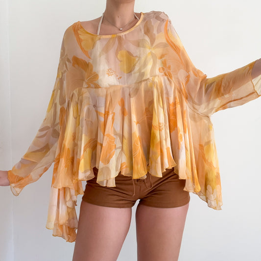 Italian Orange & Yellow Floral Silk Poncho Top / One Size
