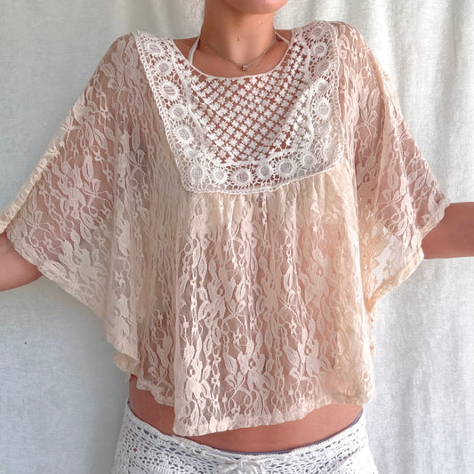 Y2K Cream Lace Crochet Poncho Top / SZ M-L
